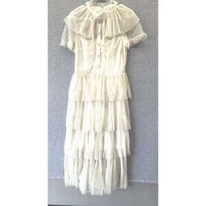 Betsey Johnson Maxi Dress Size 6 Lace Whimsigoth Fairy Victorian Gold Swiss Dot